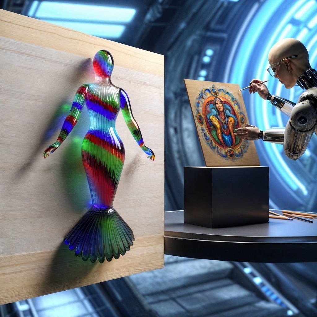 Robotic Figure Painting Vibrant Mermaid Sculpture