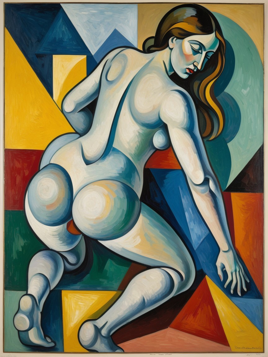 Stylized Nude Woman with Bold Colors and Geometric Shapes