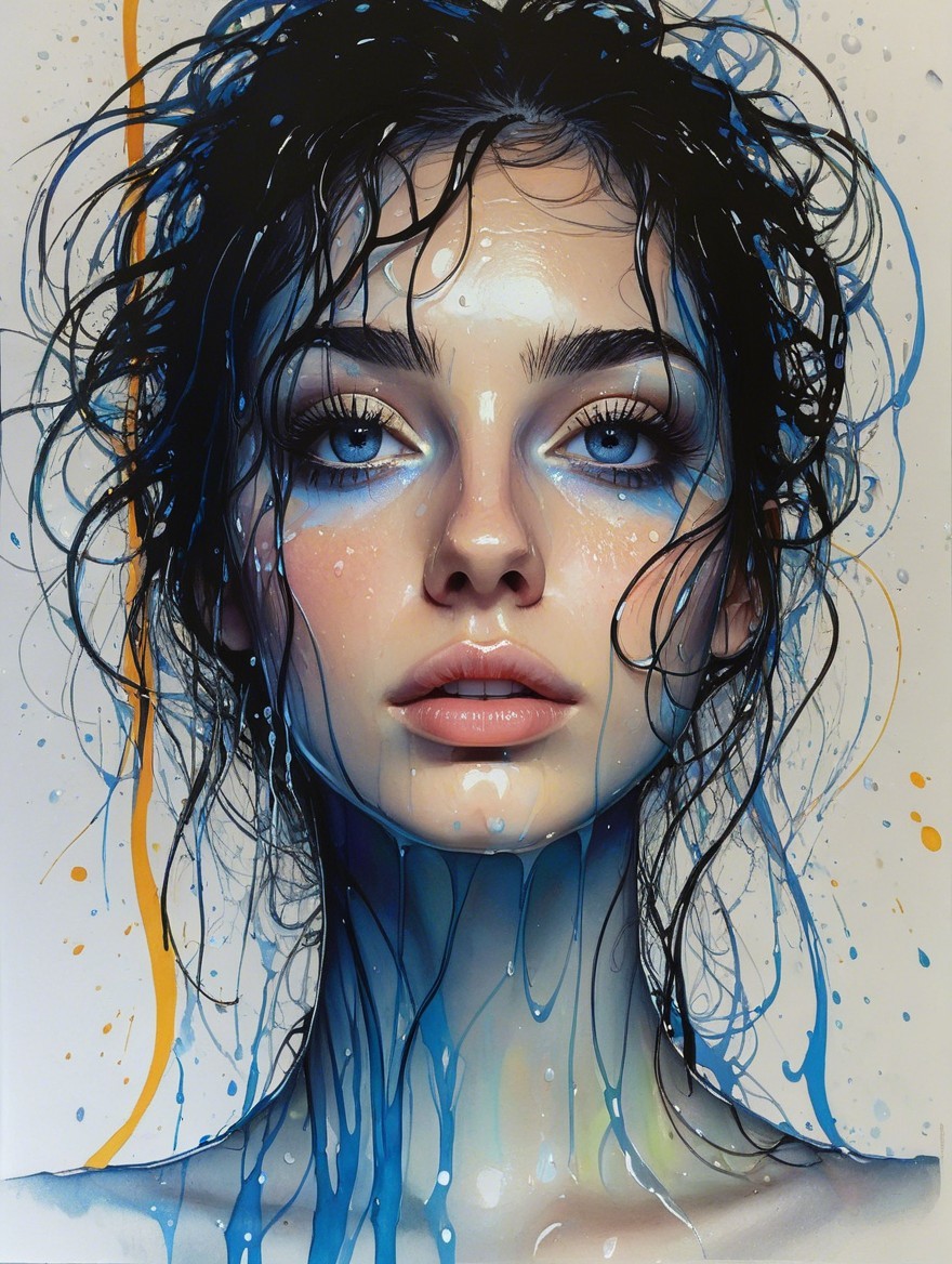 Portrait of a Young Woman with Blue Paint and Water