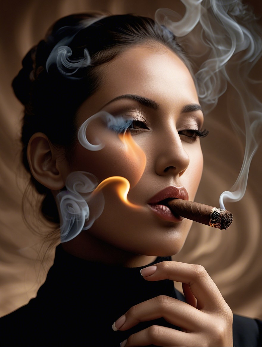 Elegant Woman Exhaling Smoke in Dark Attire