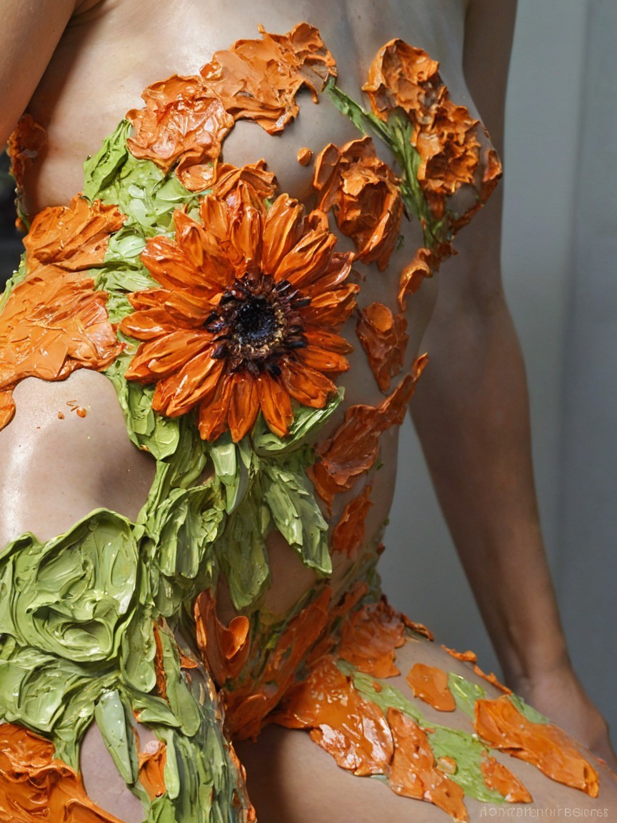 Vibrant Orange Flower Body Art with Textured Petals