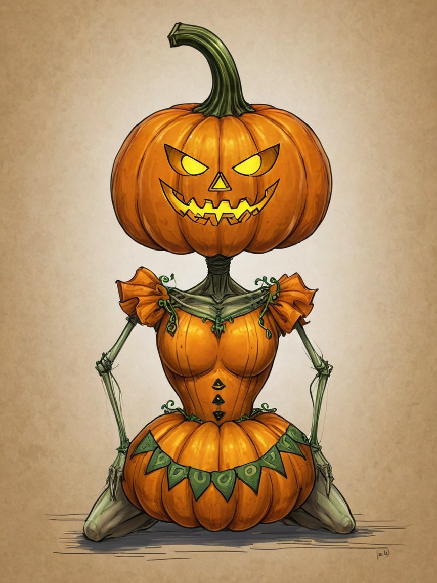 Whimsical Character with Pumpkin Head and Skeletal Body