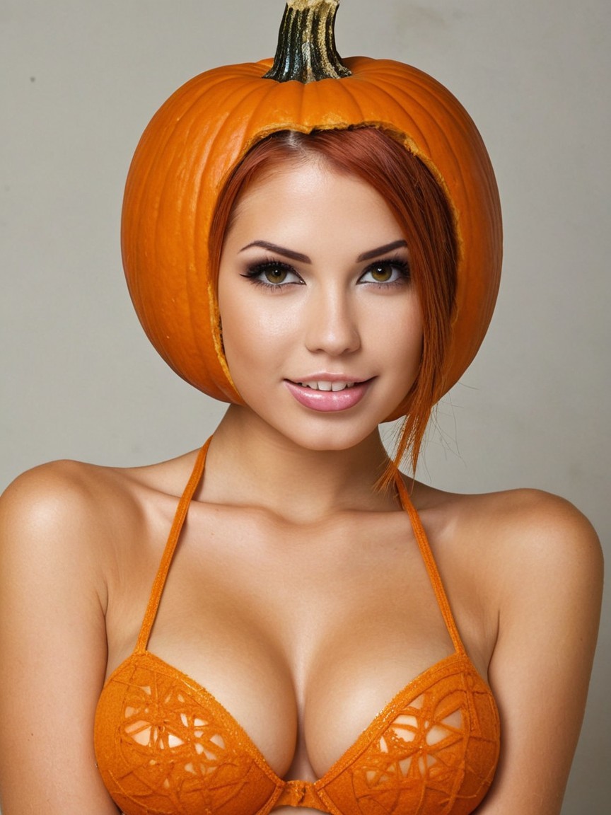 Young Woman in Pumpkin Headpiece and Orange Bikini