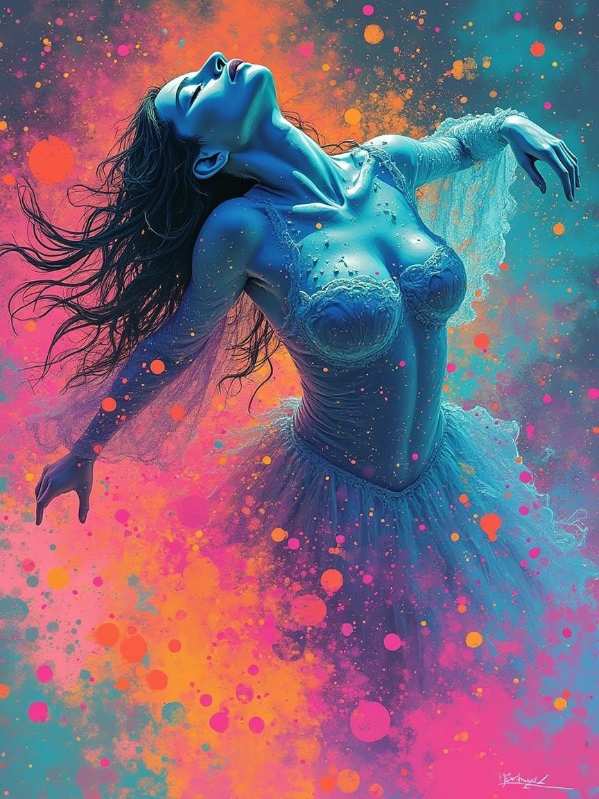 Graceful figure in vibrant colors and dreamlike pose