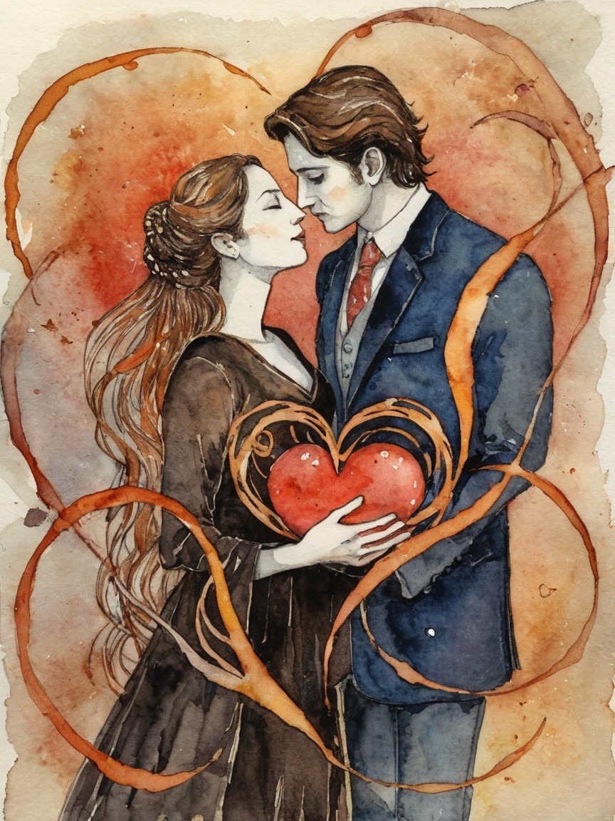 Romantic Watercolor Illustration of Embracing Couple