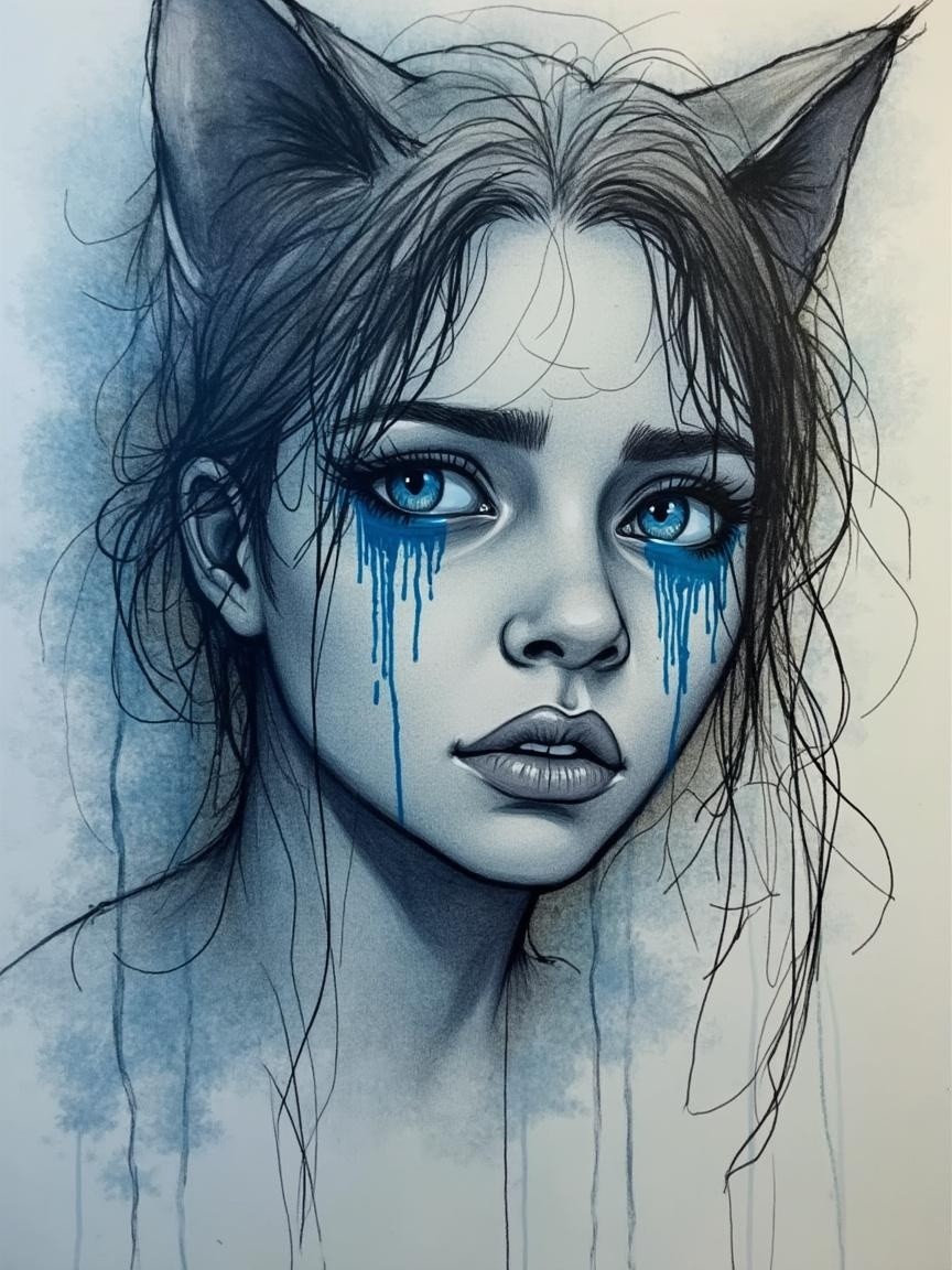 Young girl with feline ears and emotional expression