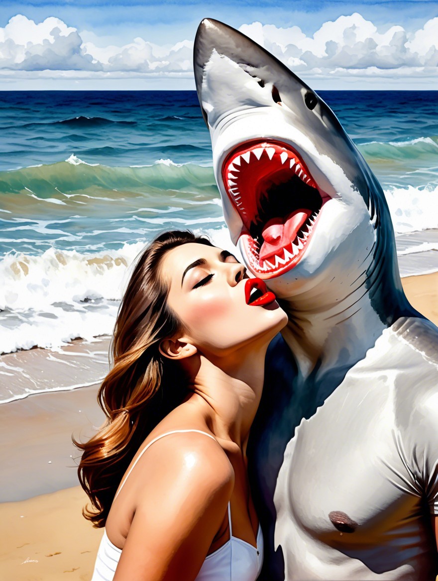 Woman Interacting with Realistic Shark at Beach Scene