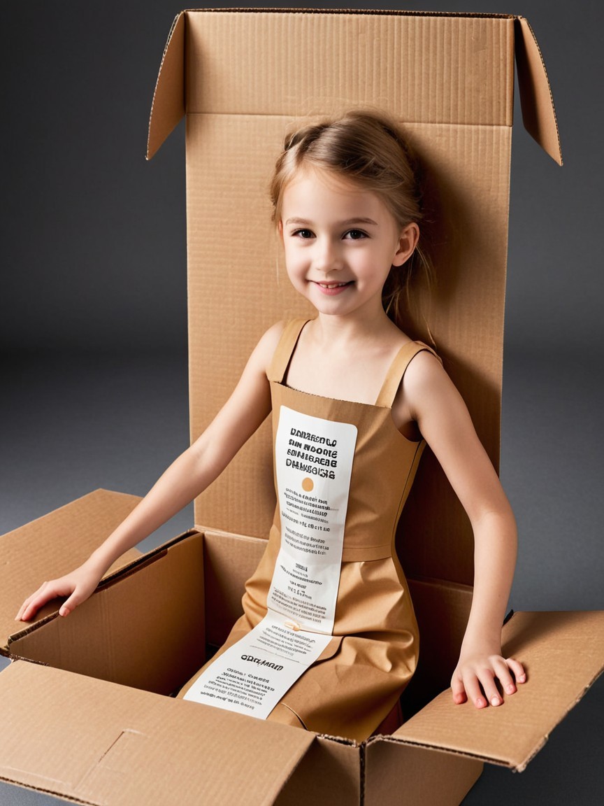 Young girl in cardboard box with paper dress