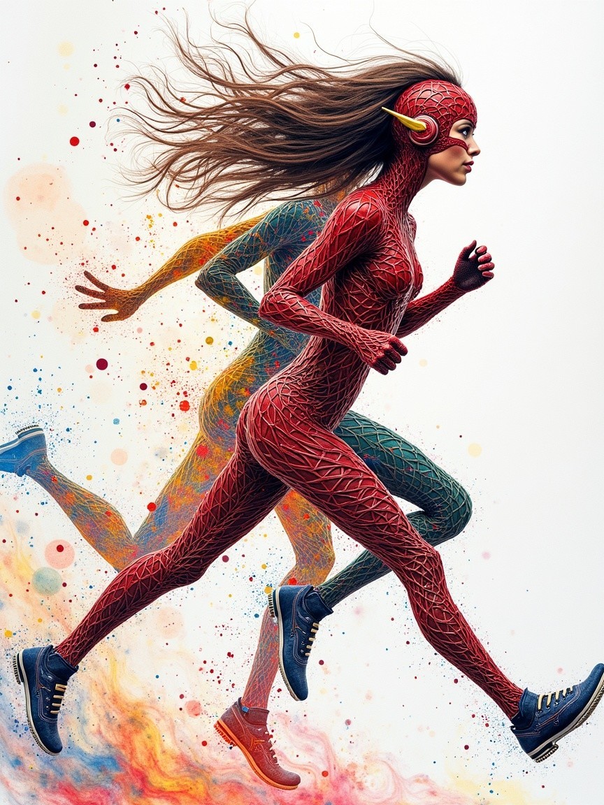 Dynamic Figures in Red and Green with Colorful Background