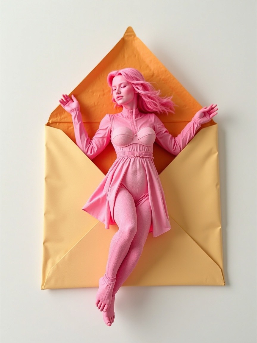 Vibrant Figure in Orange Envelope with Minimalist Background