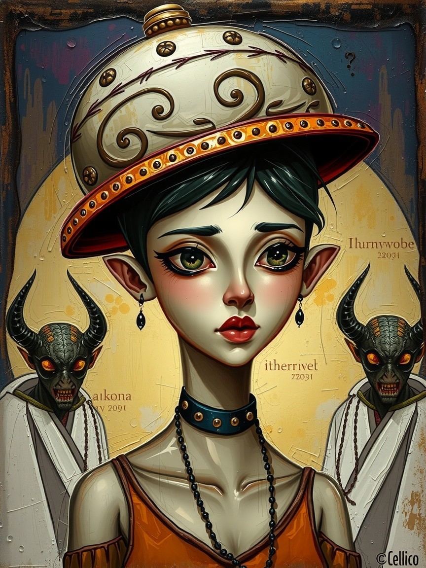 Young Woman with Green Eyes and Unique Hat Art