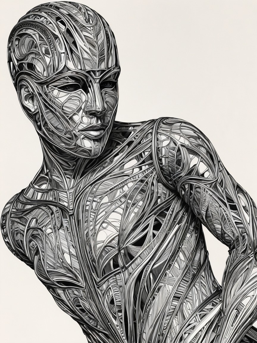 Stylized Figure with Intricate Linear Patterns