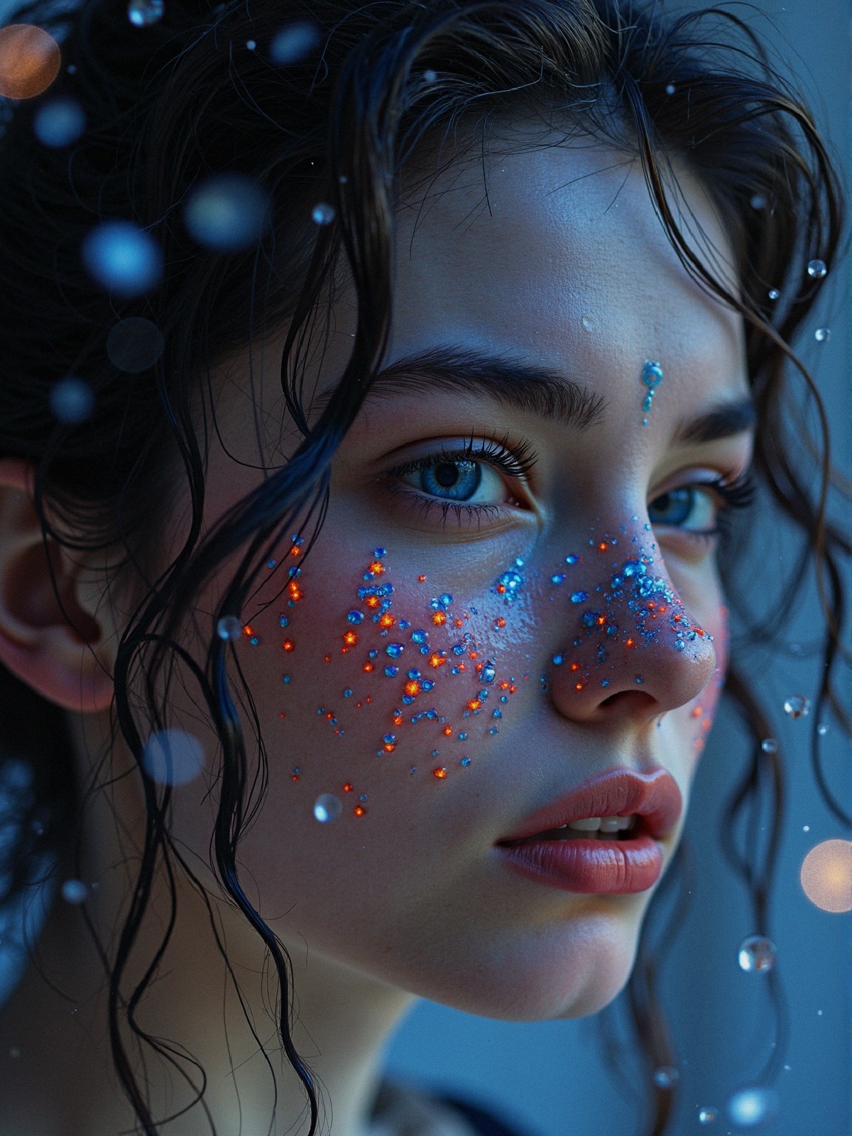 Close-up Portrait of a Young Woman with Glitter and Raindrops