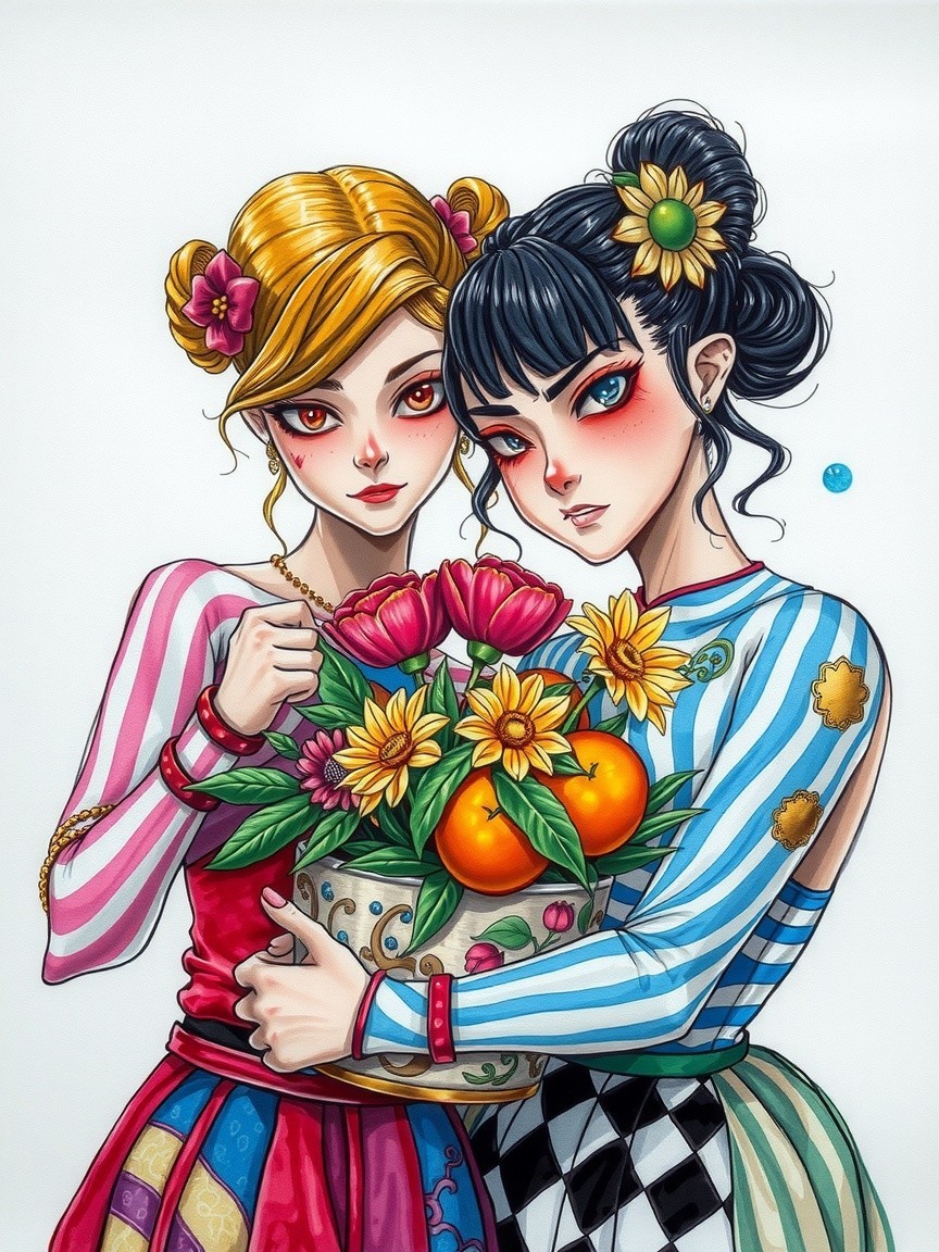 Stylized Women with Red Eyes and Floral Accents