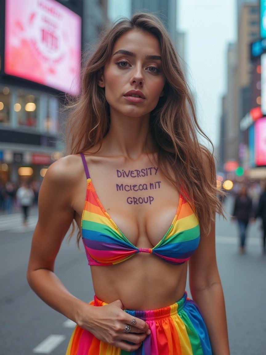 Confident Woman in Rainbow Outfit in City Street