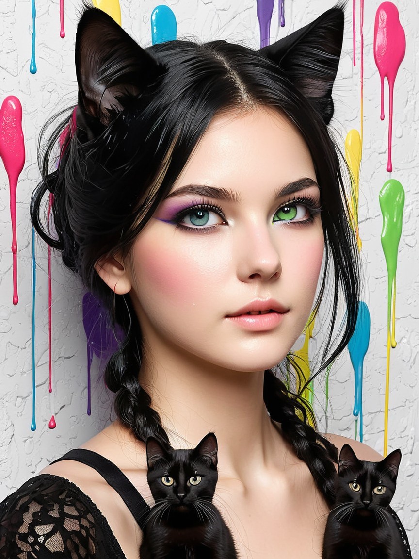 Portrait of a Young Woman with Colorful Makeup and Cats