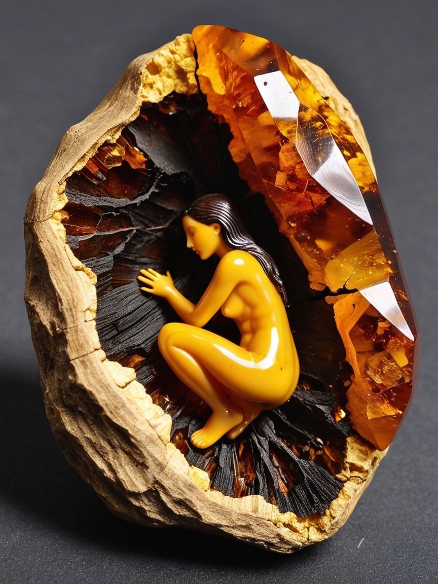 Nude Woman Figurine Encased in Amber Sculpture