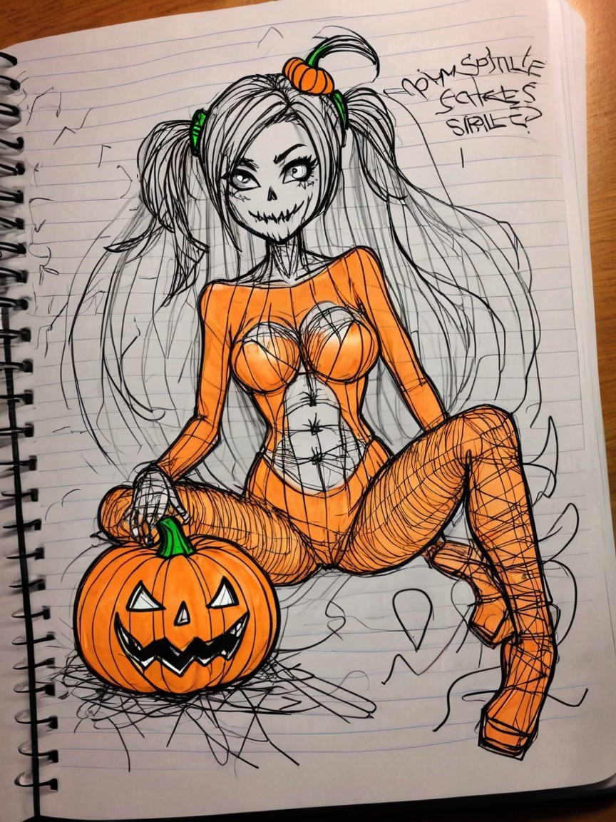 Cartoon Halloween Character with Pumpkin and Swirling Shapes