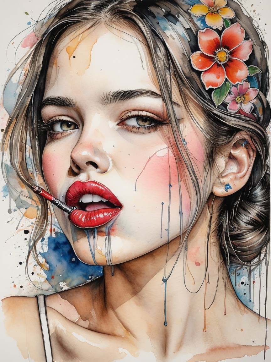 Watercolor Portrait of a Young Woman with Flowers