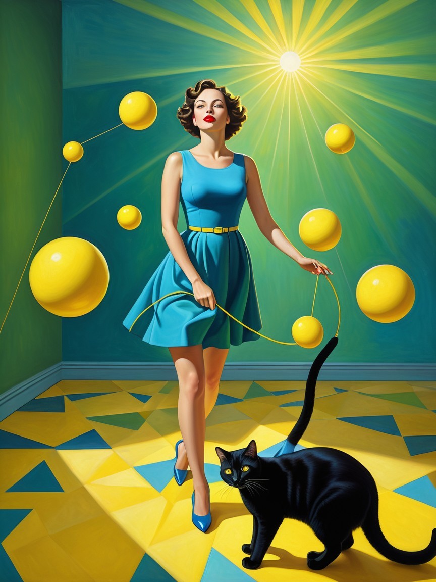 Stylish woman in blue dress with floating yellow spheres