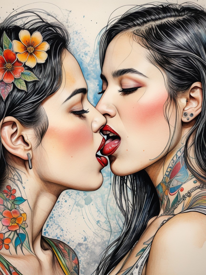 Vibrant Tattooed Women Sharing an Intimate Kiss