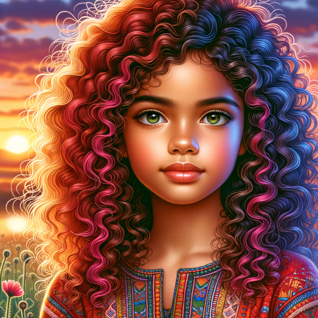 Young girl with curly red-orange hair at sunset