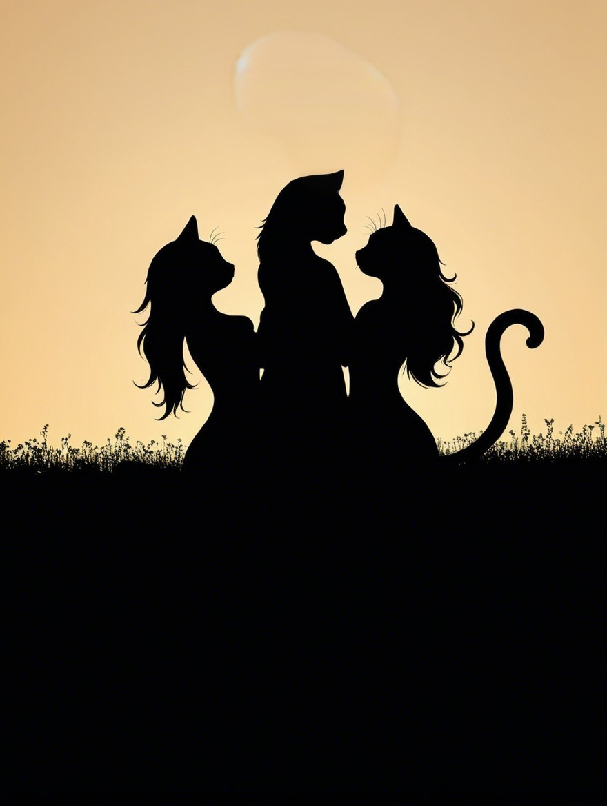 Silhouette of Three Cats Against Amber Sunset