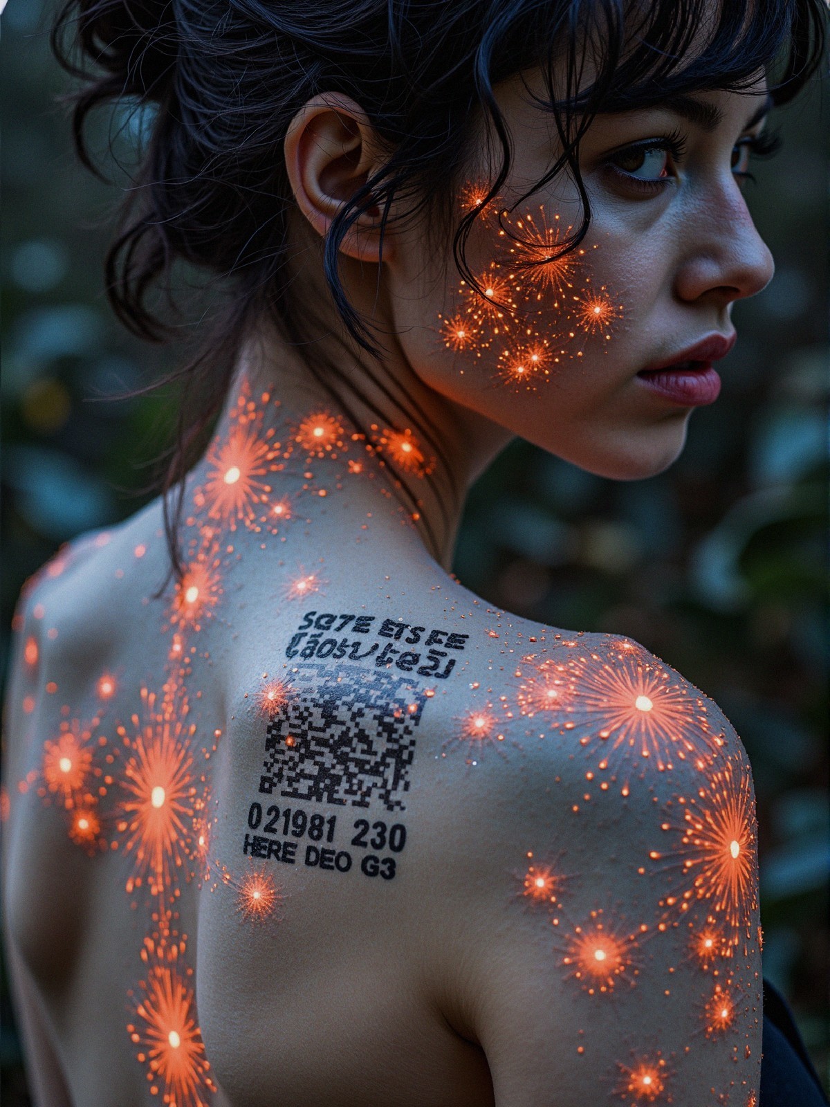 Woman with Star Patterns and QR Code Body Art