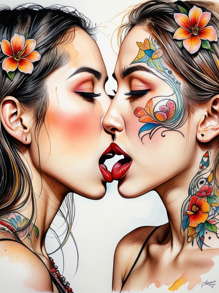 Close-Up of Two Women with Colorful Tattoos and Makeup