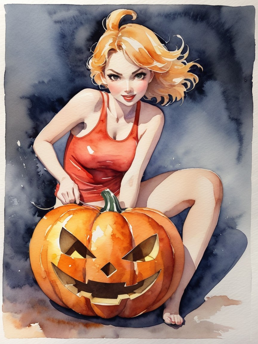Young Woman Carving Pumpkin in Halloween Setting