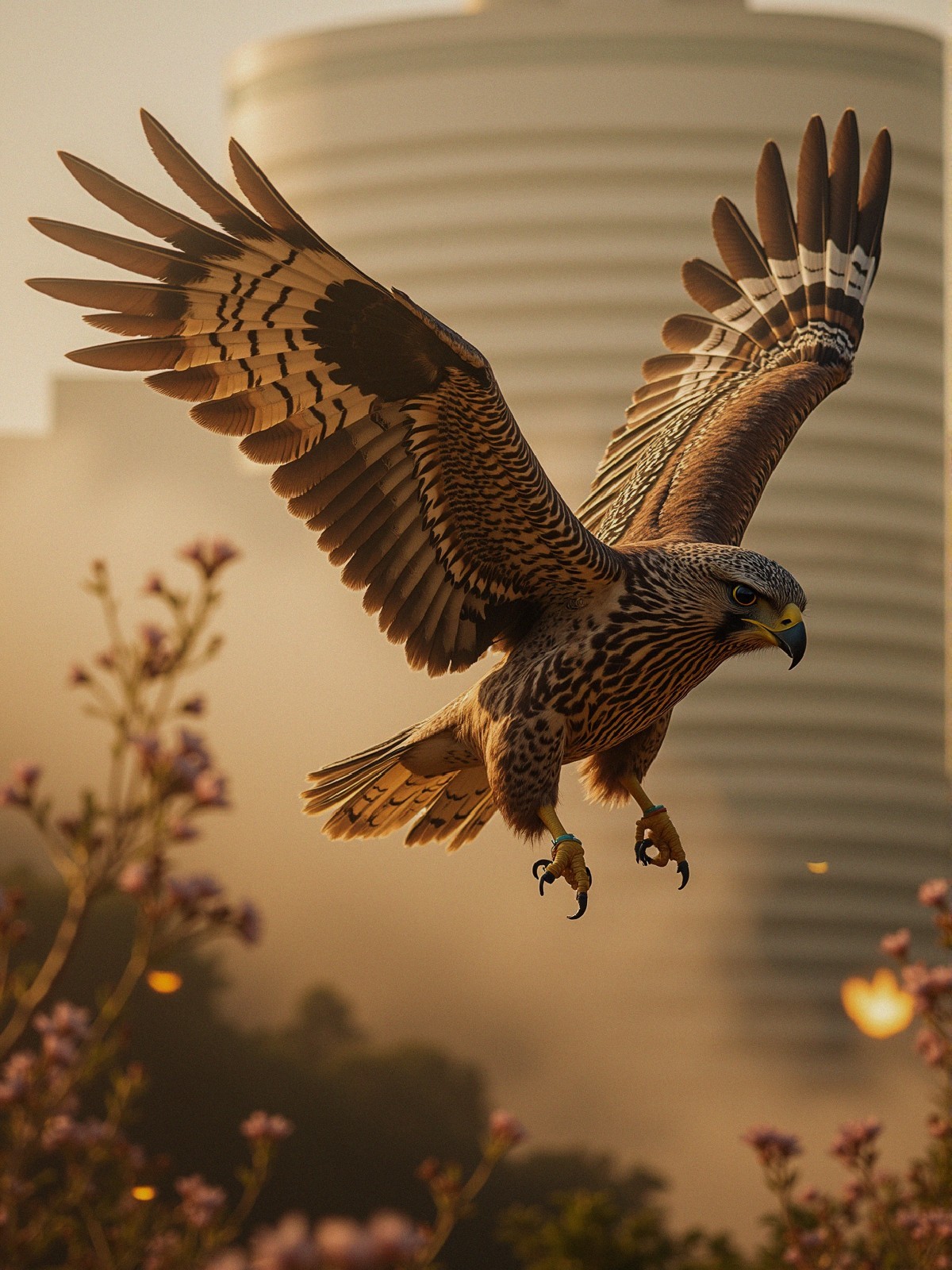 Hawk Soaring Against Urban Sunset Background