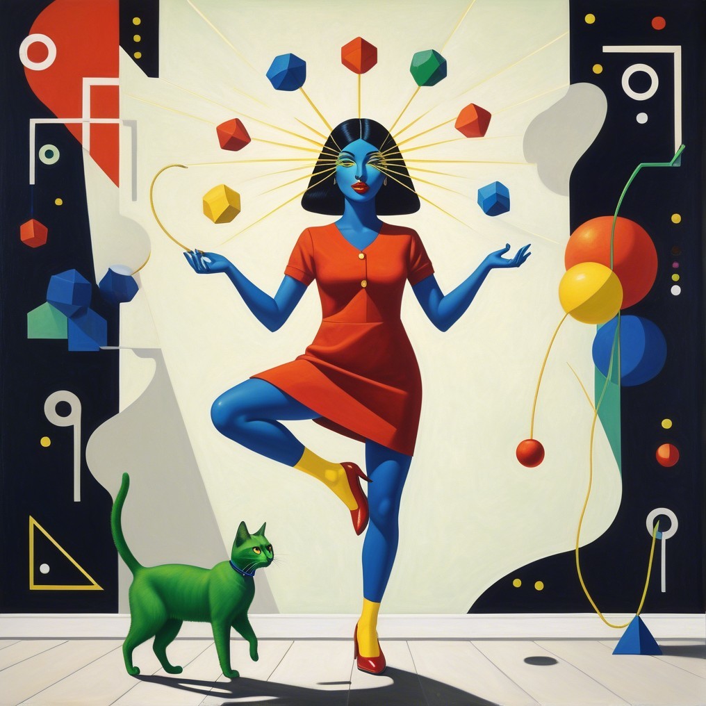 Surreal Scene of Blue-Skinned Woman Juggling Shapes
