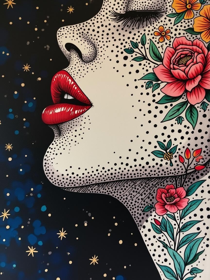 Profile of a Woman's Face with Floral and Star Elements