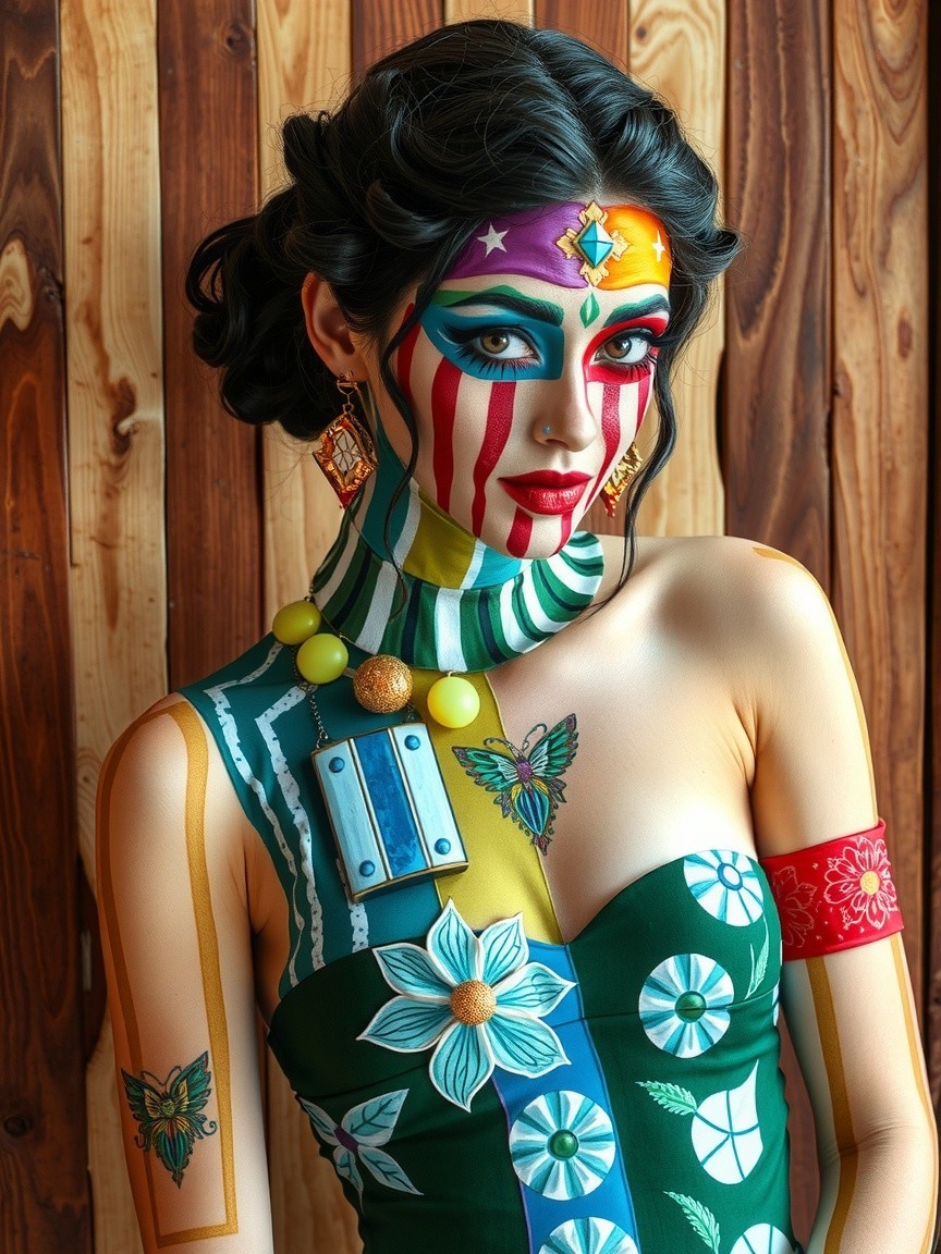 Model with Intricate Body Paint and Green Dress