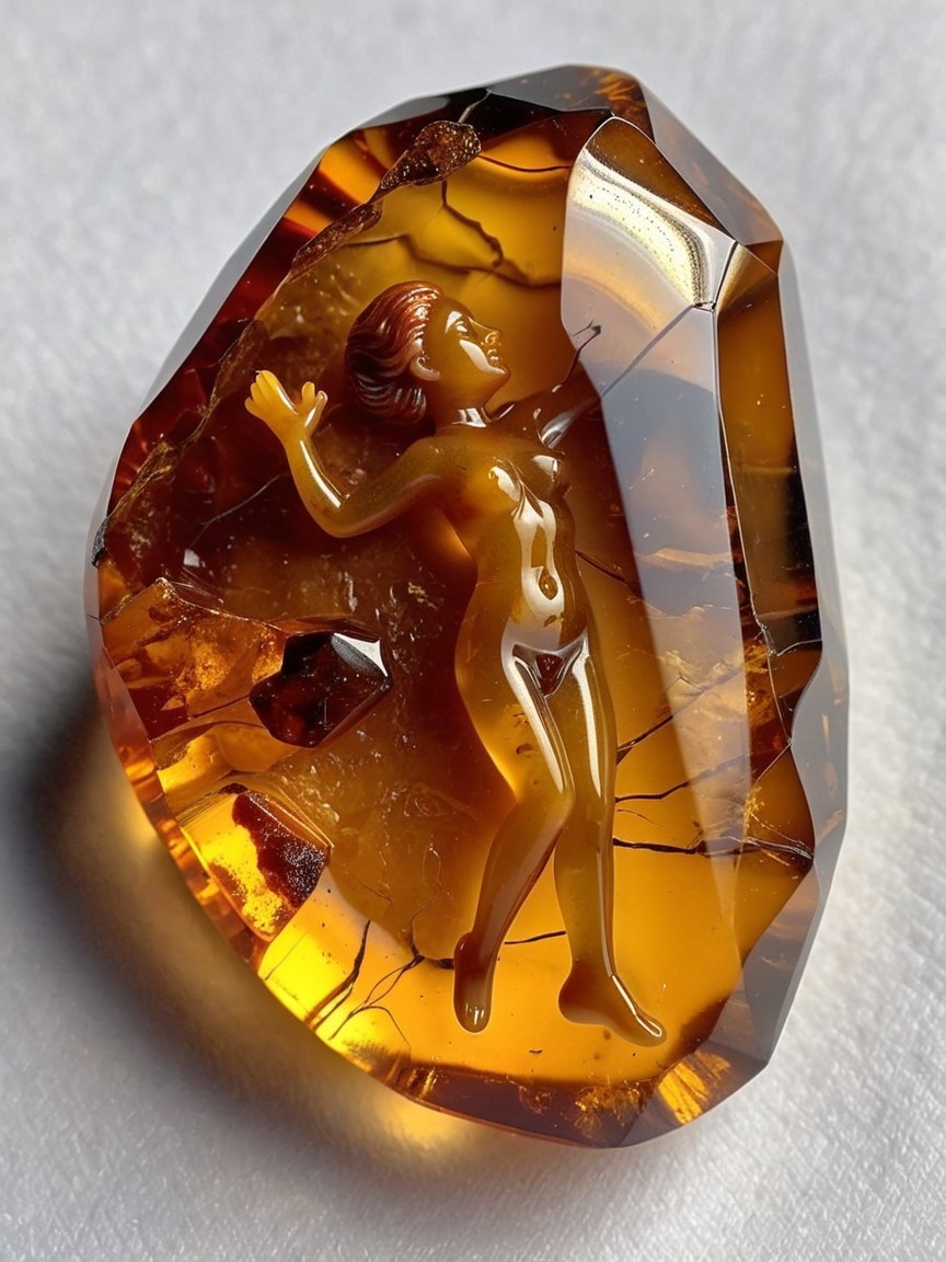 Polished amber stone with carved human figure detail