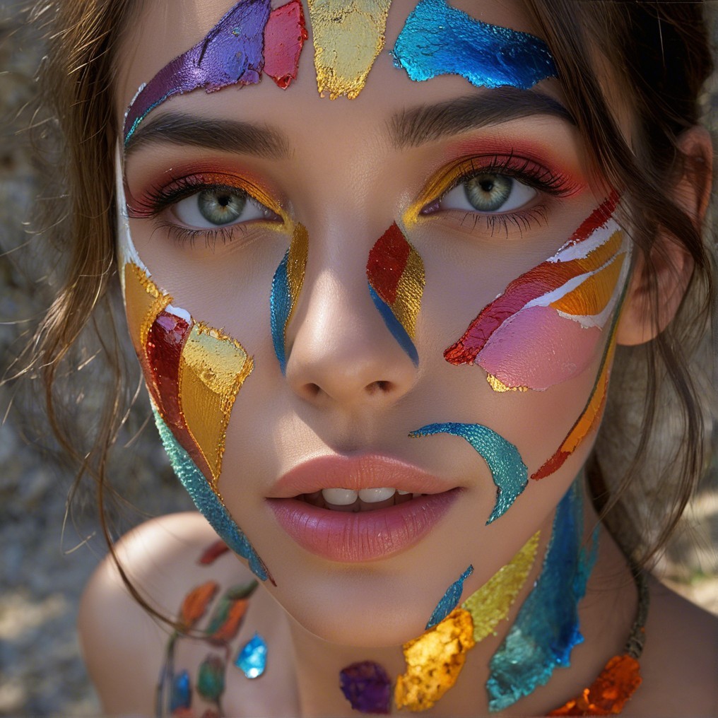 Young woman with vibrant abstract face paint patterns