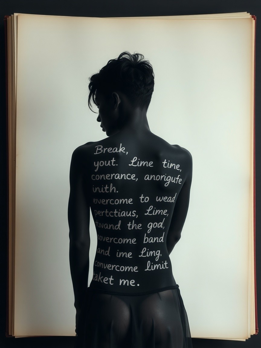 Silhouetted Figure with Intricate Text on Back