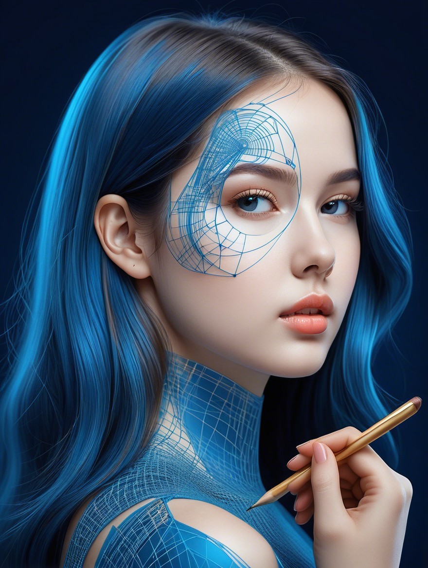 Futuristic Portrait of a Young Woman with Blue Hair