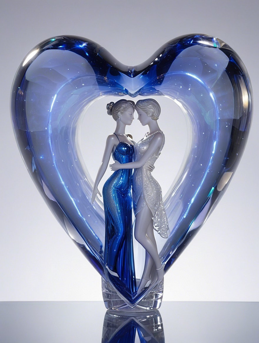 Elegant Glass Sculpture of Embracing Figures in Heart