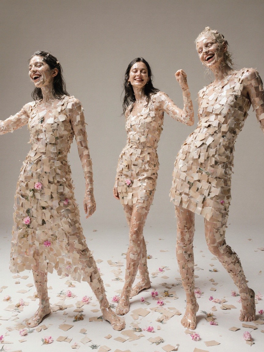 Joyful Women in Mosaic Patches with Pink Flowers