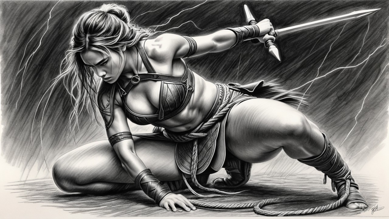 Dynamic Female Warrior in Intricate Armor and Battle Stance