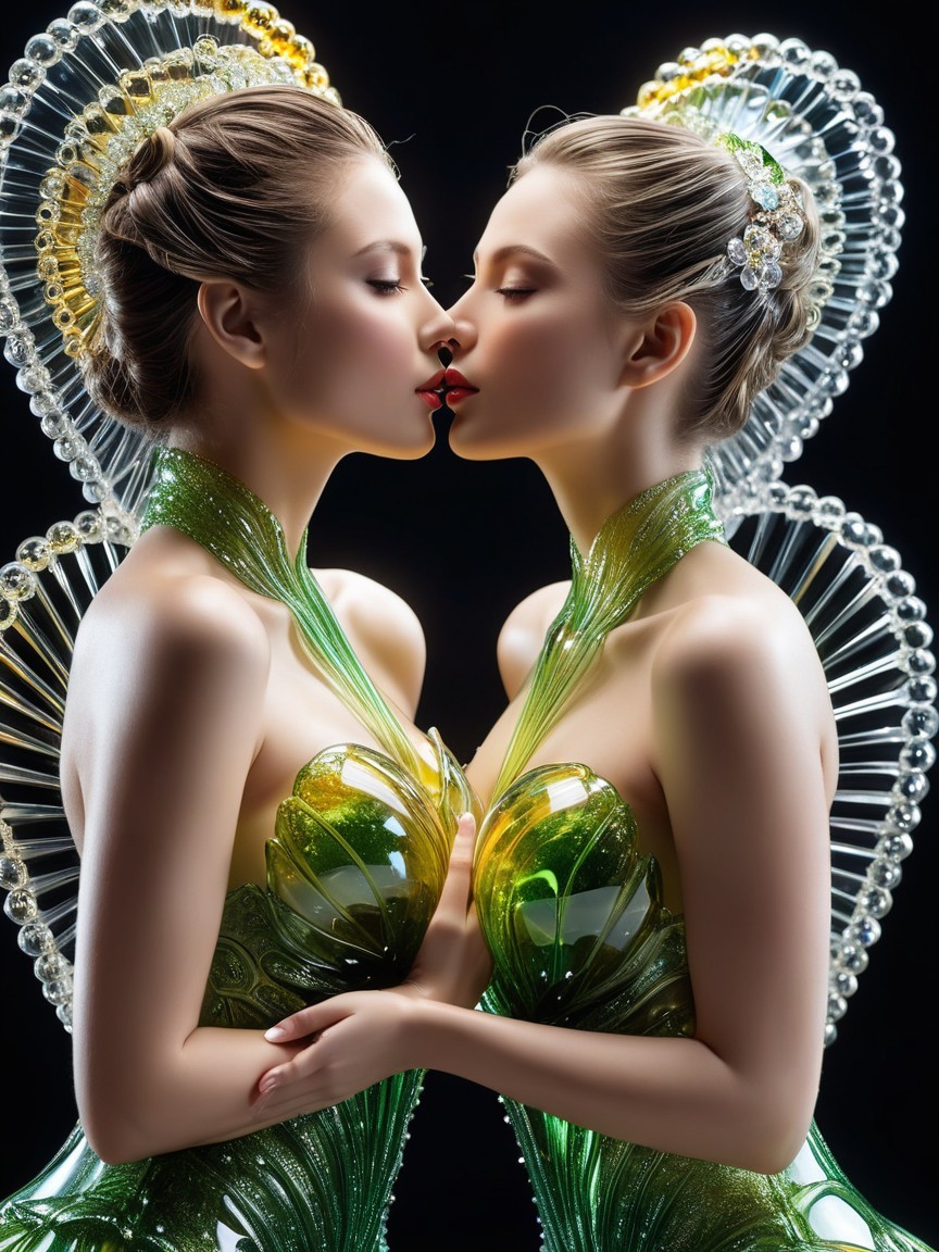 Identical Models in Iridescent Gowns in Embrace