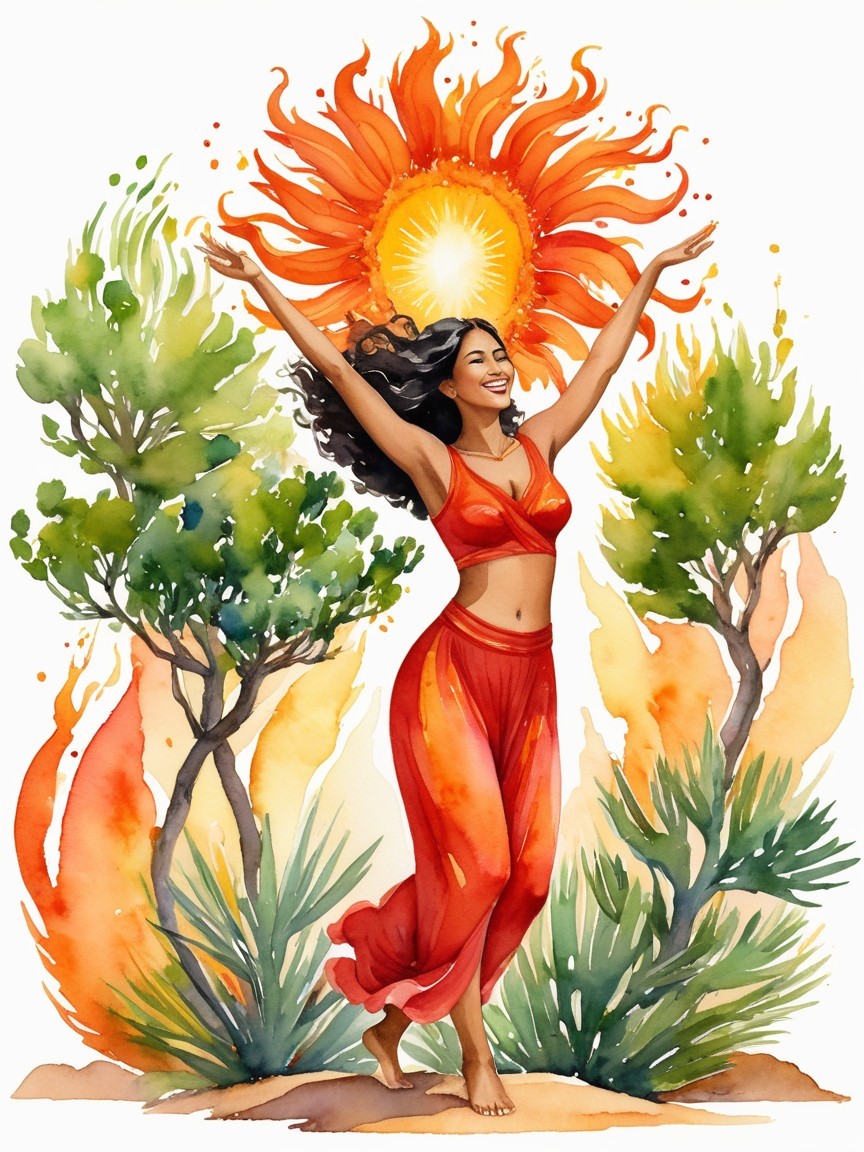 Joyful Woman Dancing in Vibrant Nature and Flames