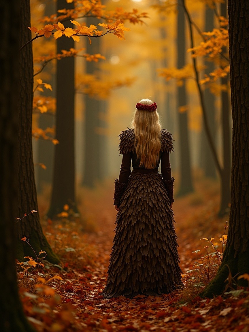 Autumn Forest Scene with Figure in Leaf-Inspired Gown