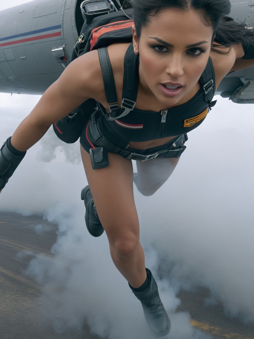 Woman in Mid-Air Jump with Smoke and Clouds