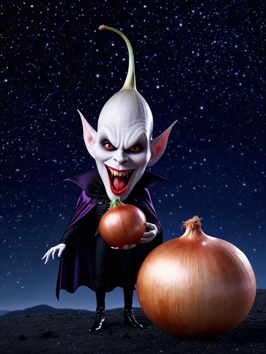 Whimsical Character with Onion Head in Starry Night