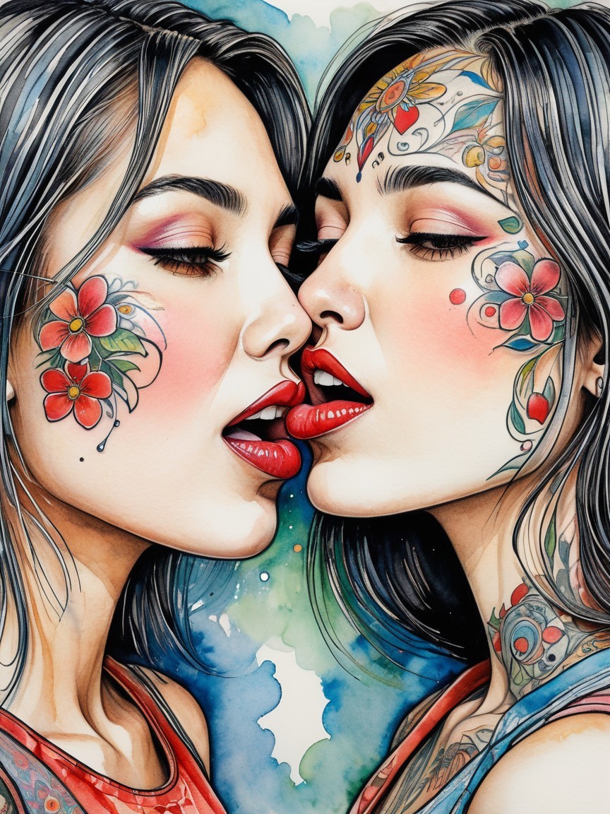 Stylized Women with Floral Tattoos and Intimate Expressions