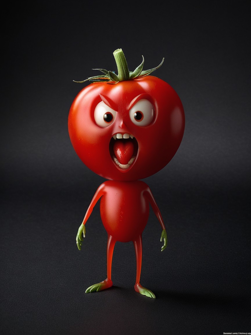 Cartoonish red tomato with expressive features on dark background