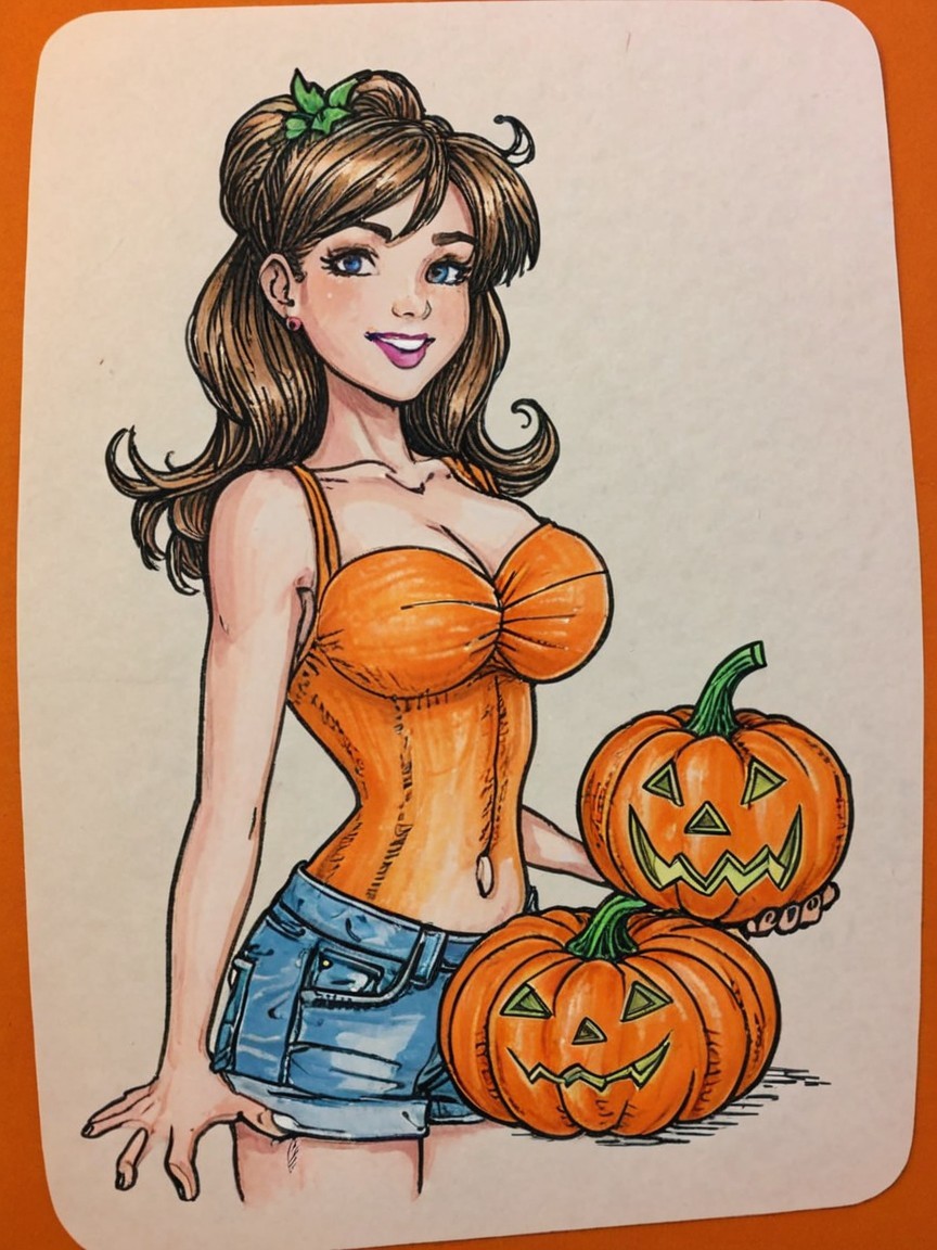 Cheerful Cartoon Character with Pumpkins in Autumn Setting