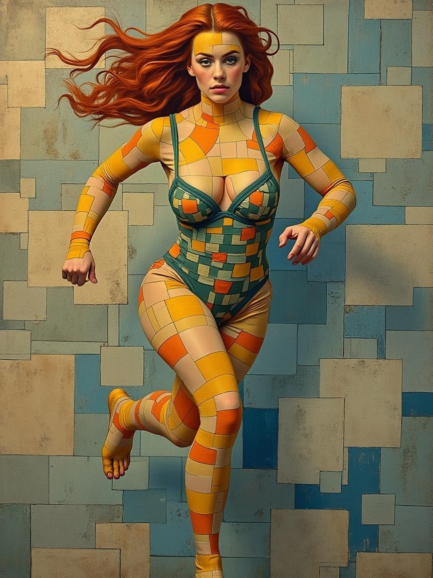 Model in Colorful Geometric Bodysuit with Red Hair